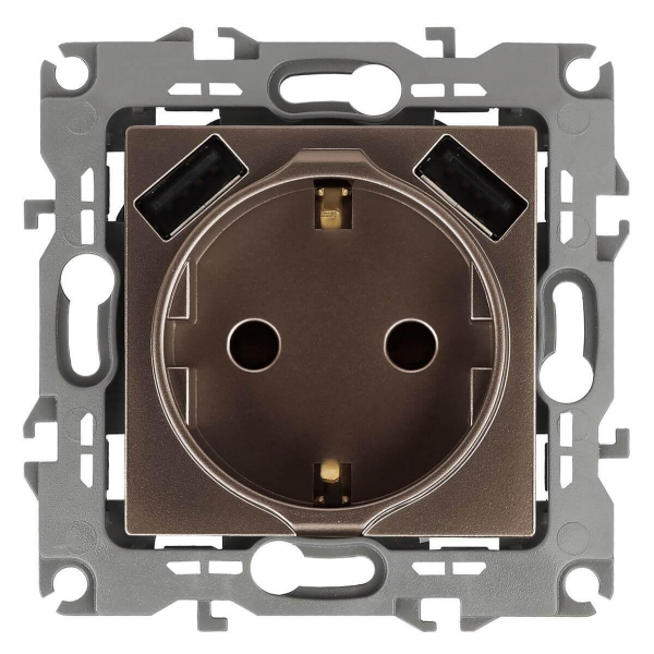 Розетка ЭРА Intro Solo Schuko P+E 16A 250V со шторками 2хUSB бронза 12-4109-13 Б0047847 Розетка ЭРА Intro Solo Schuko P+E 16A 250V со шторками 2хUSB бронза 12-4109-13 Б0047847