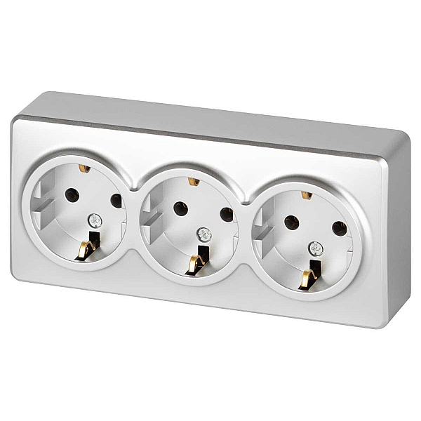 Розетка ЭРА Эксперт 11-2208-03 тройная с заземлением 3х2P+E Schuko IP20 16A-250В ОУ алюминий Б0063010