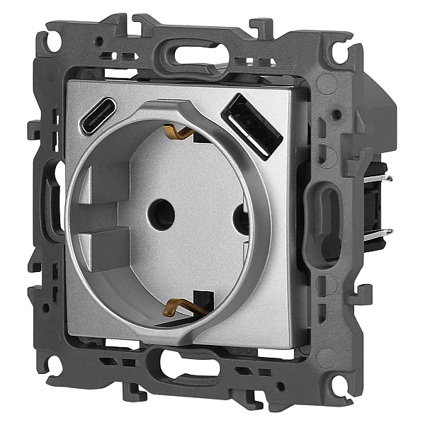 Розетка ЭРА Серия 12 12-4108-03 2P+E 16A-250В со шторками с USB type-A+C 5В-3А алюминий Б0067716