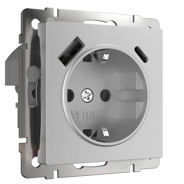 Розетка Werkel с быстрой зарядкой USB Type A+С серебристая W1171706 4690389176432 Розетка Werkel с быстрой зарядкой USB Type A+С серебристая W1171706 4690389176432