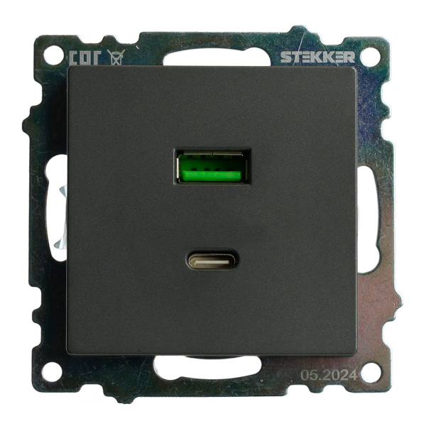 Розетка 2-местная USB + type C (механизм), 250В, 3А, max 20W, серия Катрин, графит, GLS10-7116-06 50052