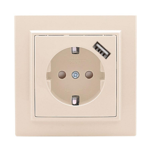 Розетка 1-местная СП с/з Минск 16А бежевая с защ. штор. с USB 1А EKF ERR16-028-200-USB