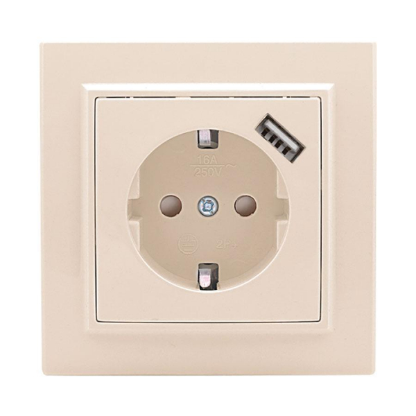 Розетка 1-местная СП с/з Минск 16А бежевая с защ. штор. с USB 1А EKF ERR16-028-200-USB