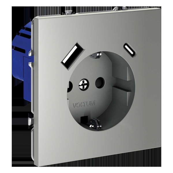 Розетка встраиваемая Voltum S70 с заземлением и защитными шторками, 16А, с USB, A+С, (сталь) VLS040505 Розетка встраиваемая Voltum S70 с заземлением и защитными шторками, 16А, с USB, A+С, (сталь) VLS040505