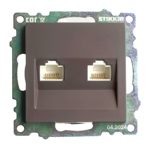 Розетка компьютерная 2-местная RJ-45 (механизм) Stekker GLS00-7109-04 Катрин, шоколад 50006