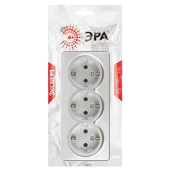 Розетка ЭРА Эксперт 11-2208-03 тройная с заземлением 3х2P+E Schuko IP20 16A-250В ОУ алюминий Б0063010
