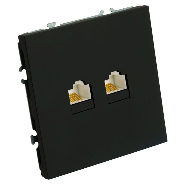 Розетка компьютерная 2-местная RJ-45 (механизм), STEKKER, серия Эмили, RST00-5111-05, черный уголь, soft touch 49848