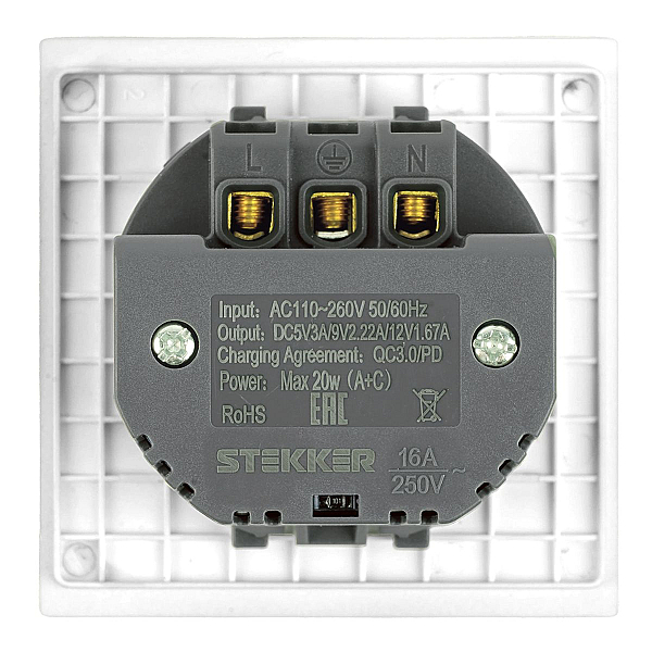 Розетка 1-местная з/ш с/з 16А + USB + Type C (механизм) Stekker 250В 20W Мия RST16-3119-01 белая магнолия 50438