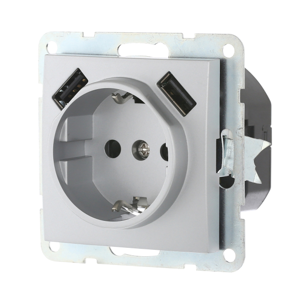 Розетка LK Studio с з/к + 2хUSB разъема, 2А (серебристый металлик) LK60 868003-1