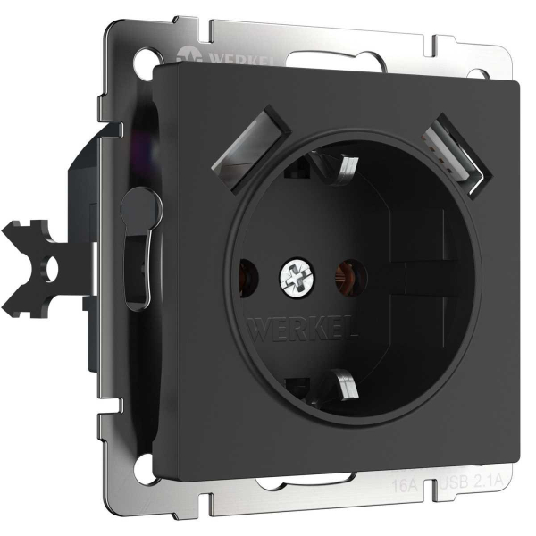Розетка Werkel с заземлением, шторками и USBх2 черный матовый W1171508 4690389156915