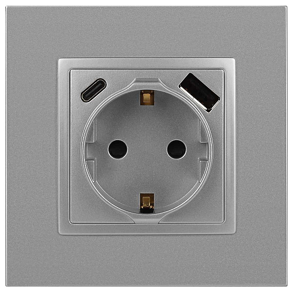 Розетка ЭРА Elegance 14-4108-03 2P+E 16A-250В со шторками с USB type-A+C 5В-3А алюминий Б0067741