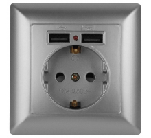 Розетка ЭРА Intro Solo Schuko P+E 16A 250V со шторками 2хUSB серебро 4-410-03 Б0043405