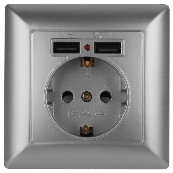 Розетка ЭРА Intro Solo Schuko P+E 16A 250V со шторками 2хUSB серебро 4-410-03 Б0043405 Розетка ЭРА Intro Solo Schuko P+E 16A 250V со шторками 2хUSB серебро 4-410-03 Б0043405
