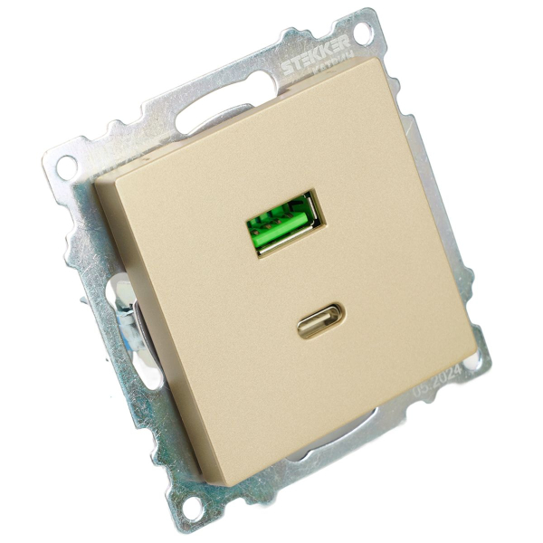 Розетка 2-местная USB + type C (механизм), 250В, 3А, max 20W, STEKKER, GLS10-7116-08, серия Катрин, золото 50053