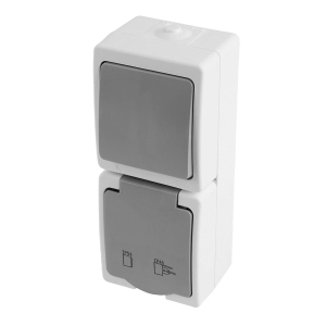 Блок розетка 1-местная с/з+  выключатель 1-клавишный STEKKER, PST16-21-54V/10-211-54,белый/серый 49738