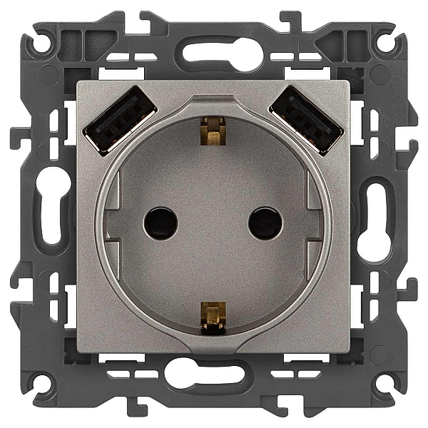 Розетка ЭРА Elegance 14-4109-16 2P+E 16A-250В штор. с 2xUSB 5В-3А титан Б0065775