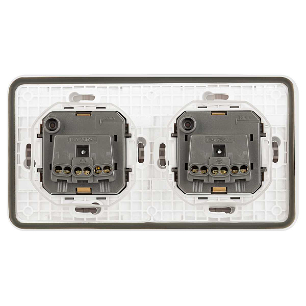 Розетка ЭРА Эксперт 11-2523-01 двойная с заземлением с крышкой 2х2P+E горизонт. IP55 16A-250В СУ белый Б0063276