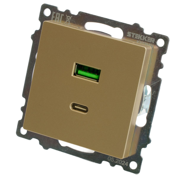 Розетка 2-местная USB + type C (механизм), 250В, 3А, max 20W, STEKKER, GLS10-7116-08, серия Катрин, золото 50053
