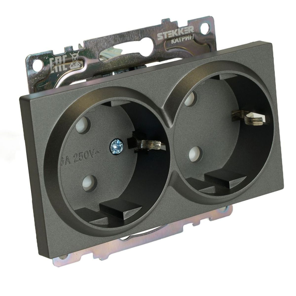 Розетка двойная 2P+PE Stekker Катрин со шторками графит GLS16-7114-06 49425