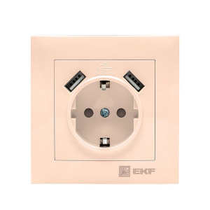Валенсия розетка 1-местная с/з 16А кремовая с защ. штор. с 2 USB 2,1А EKF PROxima EWR16-028-20-2USB