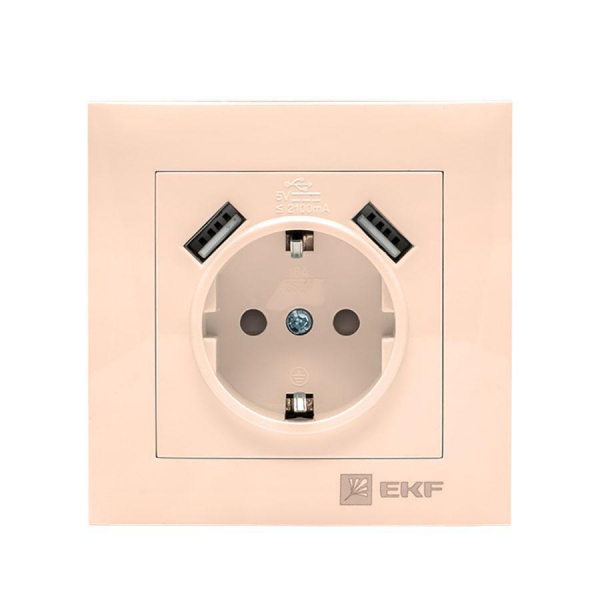 Валенсия розетка 1-местная с/з 16А кремовая с защ. штор. с 2 USB 2,1А EKF PROxima EWR16-028-20-2USB