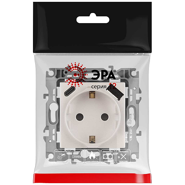 Розетка ЭРА Серия 12 12-4108-15 2P+E 16A-250В со шторками с USB type-A+C 5В-3А перламутр Б0067767