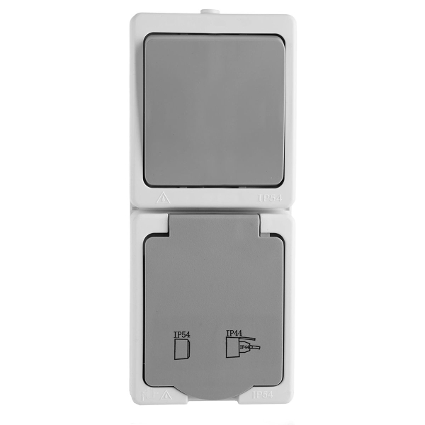 Блок розетка 1-местная с/з+  выключатель 1-клавишный STEKKER, PST16-21-54V/10-211-54,белый/серый 49738