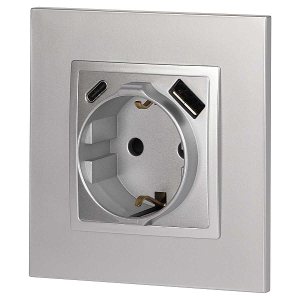 Розетка ЭРА Elegance 14-4108-03 2P+E 16A-250В со шторками с USB type-A+C 5В-3А алюминий Б0067741