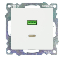 Розетка USB 2-местная + type C (механизм), STEKKER GLS10-7116-01, 250В, 3А, max 20W, серия Катрин, белый 50051