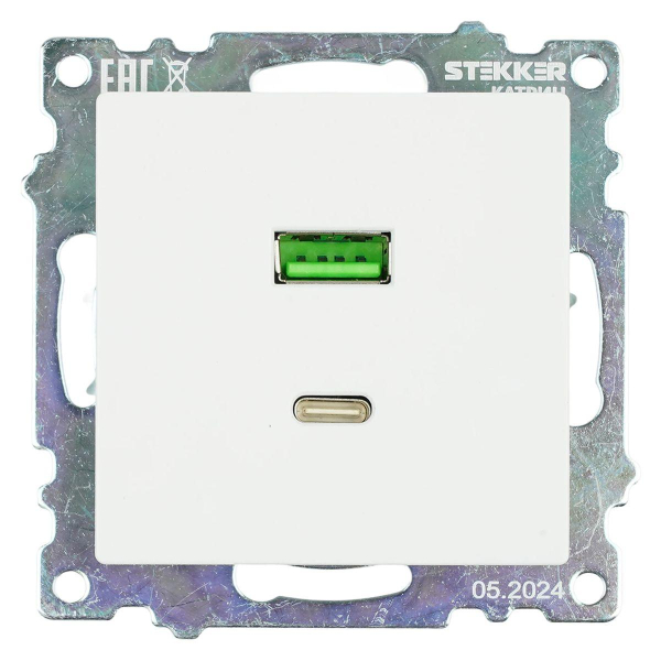 Розетка USB 2-местная + type C (механизм), STEKKER GLS10-7116-01, 250В, 3А, max 20W, серия Катрин, белый 50051