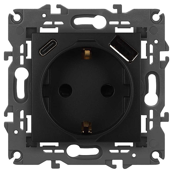 Розетка ЭРА Elegance 14-4108-05 2P+E 16A-250В со шторками с USB type-A+C 5В-3А антрацит Б0067724