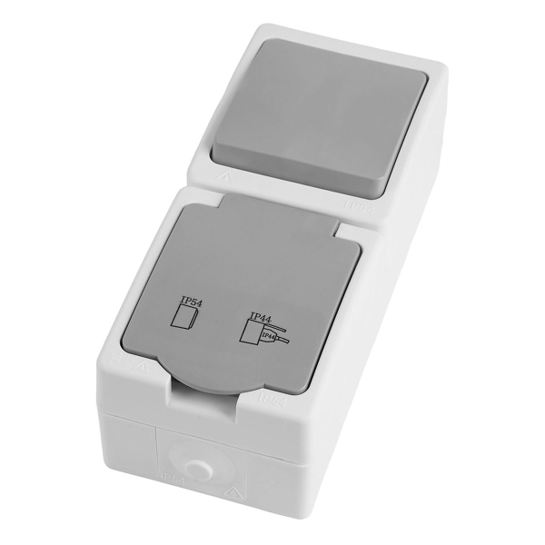 Блок розетка 1-местная с/з+  выключатель 1-клавишный STEKKER, PST16-21-54V/10-211-54,белый/серый 49738