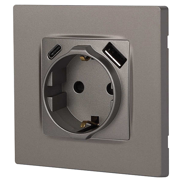 Розетка ЭРА Серия 12 12-4108-16 2P+E 16A-250В со шторками с USB type-A+C 5В-3А титан Б0067762