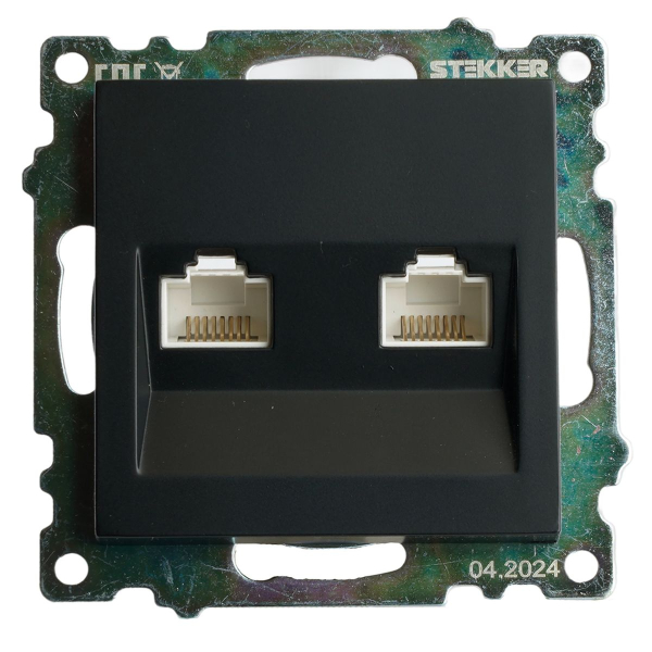 Розетка компьютерная 2-местная RJ-45 (механизм) ,Stekker ,GLS00-7109-05 Катрин, черный 50007