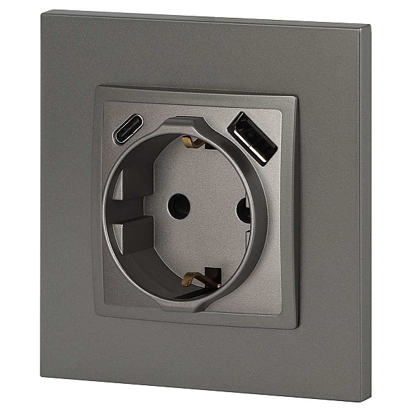Розетка ЭРА Elegance 14-4108-16 2P+E 16A-250В со шторками с USB type-A+C 5В-3А титан Б0067695