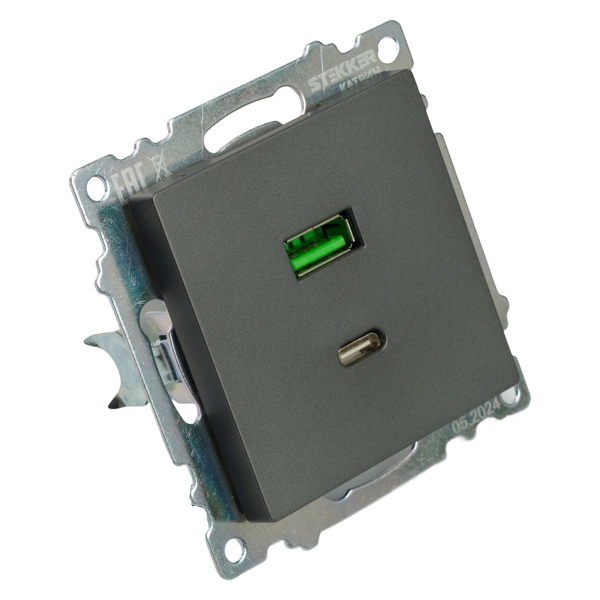 Розетка 2-местная USB + type C (механизм), 250В, 3А, max 20W, серия Катрин, графит, GLS10-7116-06 50052