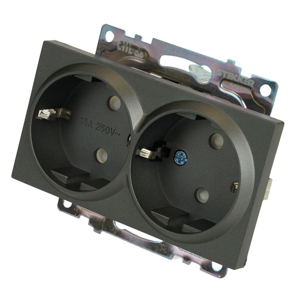 Розетка двойная 2P+PE Stekker Катрин со шторками графит GLS16-7114-06 49425