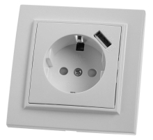Розетка 1-местная с/з Stekker, PST16-9011-01, 250В, 16А с защитной шторкой и с USB Эрна, белый 39051