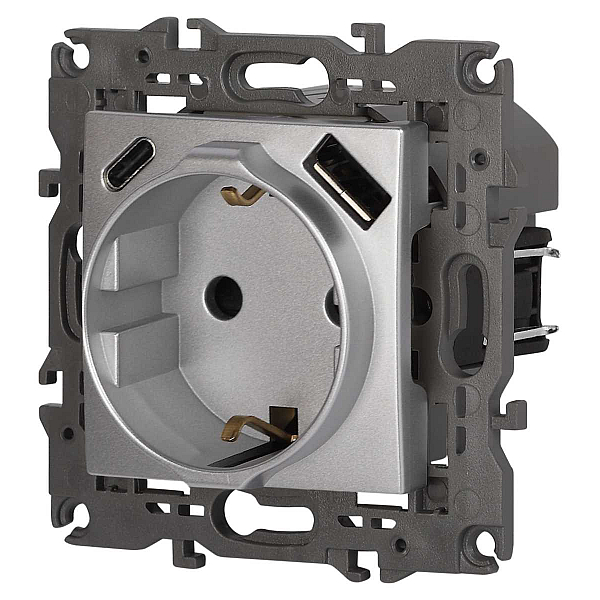 Розетка ЭРА Elegance 14-4108-03 2P+E 16A-250В со шторками с USB type-A+C 5В-3А алюминий Б0067741
