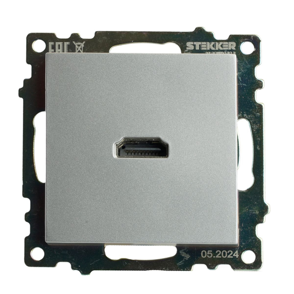 Розетка HDMI 2.1, Type A (механизм), STEKKER GLS00-7118-03, серия Катрин, серебро 50061