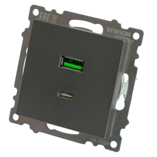 Розетка 2-местная USB + type C (механизм), 250В, 3А, max 20W, серия Катрин, графит, GLS10-7116-06 50052
