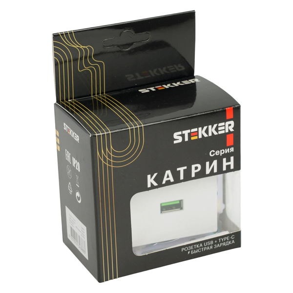Розетка USB 2-местная + type C (механизм), STEKKER GLS10-7116-01, 250В, 3А, max 20W, серия Катрин, белый 50051