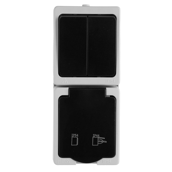 Блок вертикальный: розетка 1-местная с/з + выключатель 2-клавишный STEKKER, PST16-11-54/10-121-54, серый/графит 49726