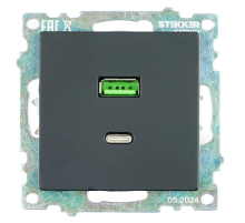 Розетка 2-местная USB + type C (механизм), STEKKER GLS10-7116-05, 250B, 3А, серия Катрин, черный 50055
