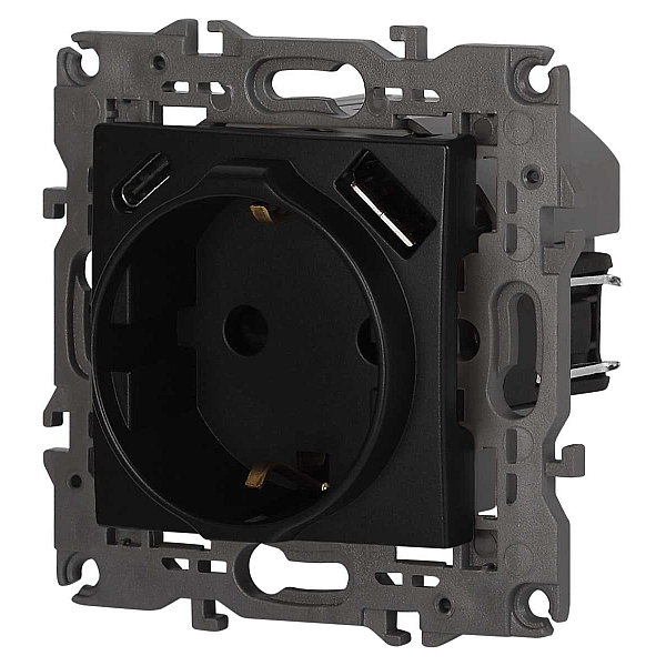 Розетка ЭРА Elegance 14-4108-05 2P+E 16A-250В со шторками с USB type-A+C 5В-3А антрацит Б0067724