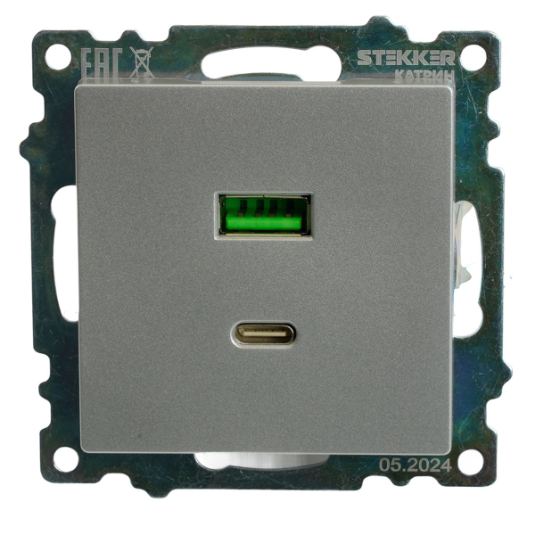 Розетка 2-местная USB + type C (механизм)), STEKKER GLS10-7116-03 , 250B, 3А, max 20W, серия Катрин, серебро 50054