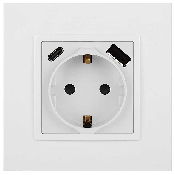 Розетка ЭРА Elegance 14-4108-01 2P+E 16A-250В со шторками с USB type-A+C 5В-3А белый Б0067736