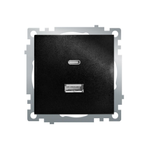 Розетка 2-местная USB + type C (механизм), STEKKER GLS10-7116-05, 250B, 3А, серия Катрин, черный 50055