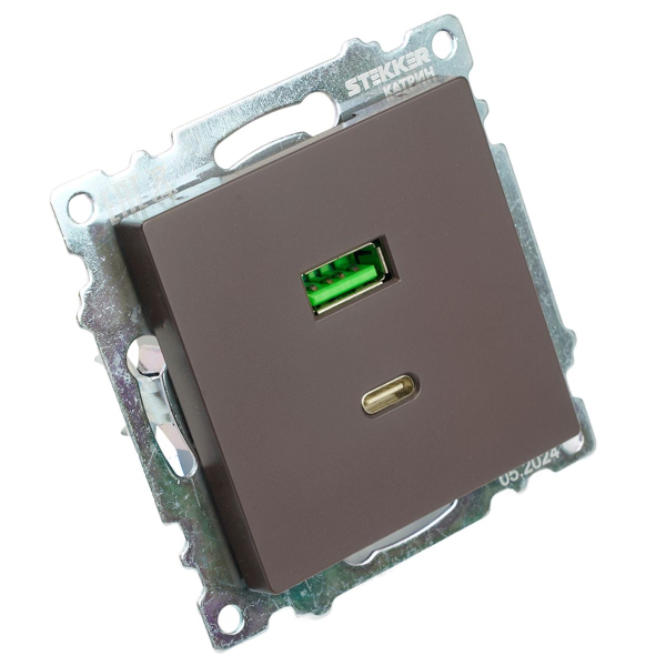 Розетка 2-местная USB + type C, STEKKER GLS10-7116-04, 250В, 3А, max 20W,серия Катрин, шоколад 50057