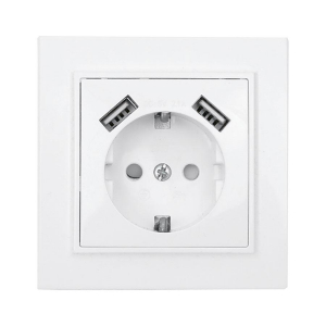 Минск Розетка 1-местная СП с/з 16А белая с защ. штор. с 2 USB 2,1А EKF ERR16-028-100-2USB